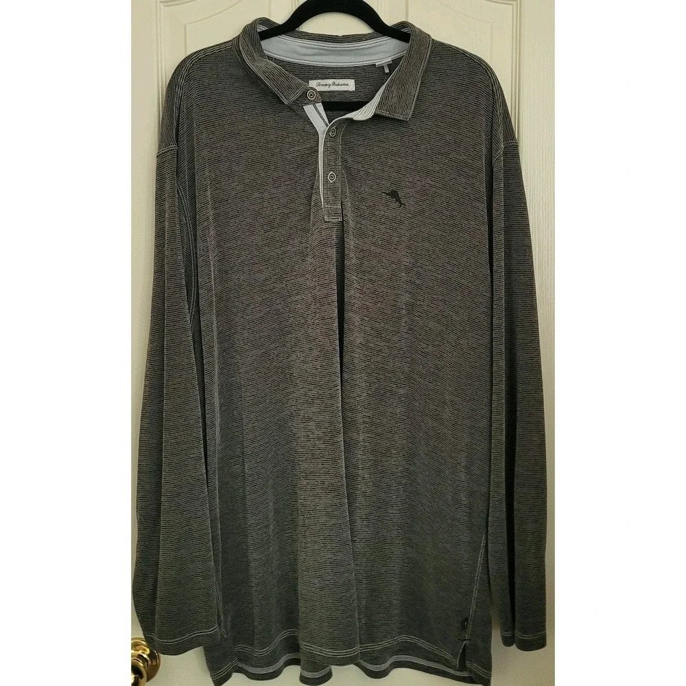 Tommy Bahama 2XL Big & Tall Gray Striped Long Sleeve Polo Shirt TENCEL Modal